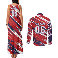 Personalized Patriotic Motocross Couples Matching Tank Maxi Dress and Long Sleeve Button Shirt with USA Flag Colors – Dirt Bike Racing Design - Wonder Print Shop