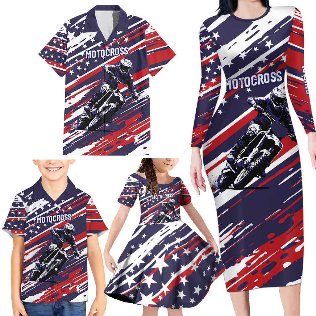 Personalized Patriotic Motocross Family Matching Long Sleeve Bodycon Dress and Hawaiian Shirt with USA Flag Colors – Dirt Bike Racing Design - Wonder Print Shop