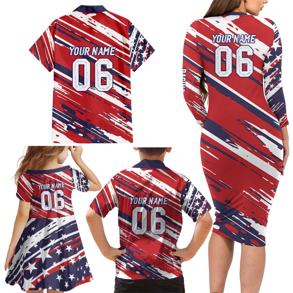 Personalized Patriotic Motocross Family Matching Long Sleeve Bodycon Dress and Hawaiian Shirt with USA Flag Colors – Dirt Bike Racing Design - Wonder Print Shop
