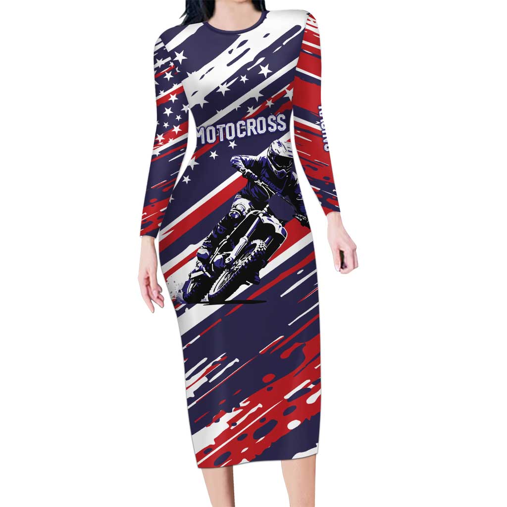 Personalized Patriotic Motocross Family Matching Long Sleeve Bodycon Dress and Hawaiian Shirt with USA Flag Colors – Dirt Bike Racing Design - Wonder Print Shop