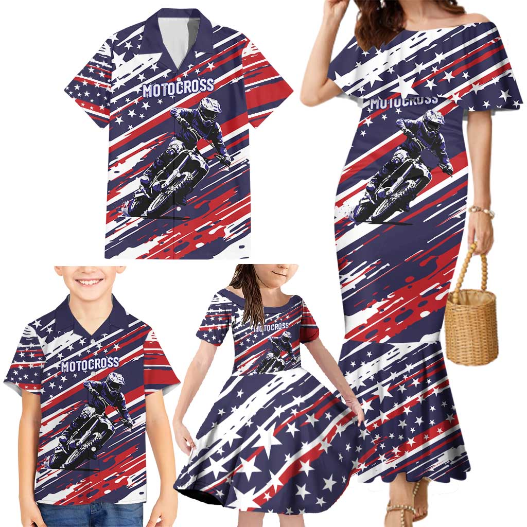 Personalized Patriotic Motocross Family Matching Mermaid Dress and Hawaiian Shirt with USA Flag Colors – Dirt Bike Racing Design - Wonder Print Shop