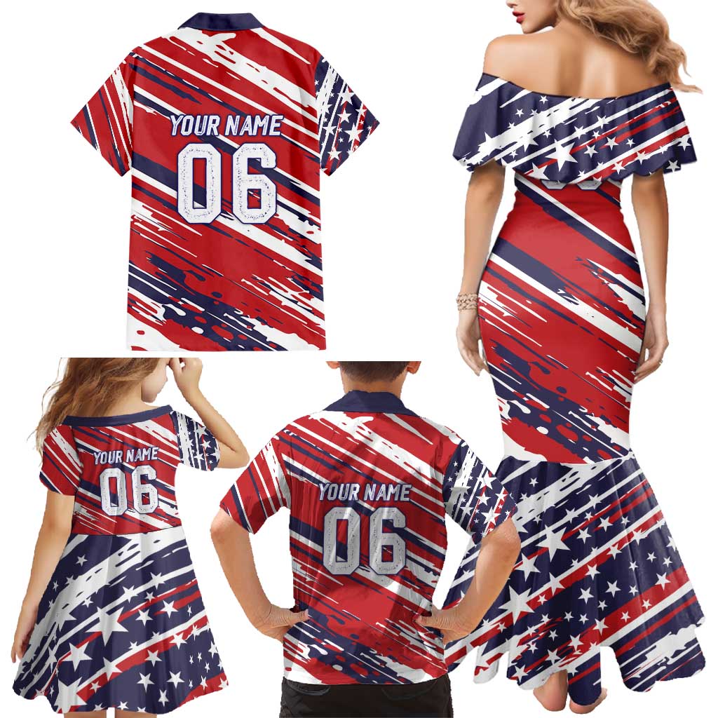 Personalized Patriotic Motocross Family Matching Mermaid Dress and Hawaiian Shirt with USA Flag Colors – Dirt Bike Racing Design - Wonder Print Shop