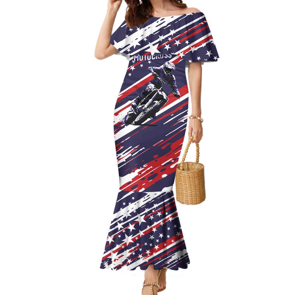 Personalized Patriotic Motocross Family Matching Mermaid Dress and Hawaiian Shirt with USA Flag Colors – Dirt Bike Racing Design - Wonder Print Shop