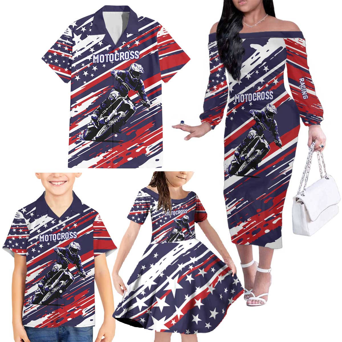 Personalized Patriotic Motocross Family Matching Off The Shoulder Long Sleeve Dress and Hawaiian Shirt with USA Flag Colors – Dirt Bike Racing Design - Wonder Print Shop