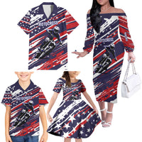 Personalized Patriotic Motocross Family Matching Off The Shoulder Long Sleeve Dress and Hawaiian Shirt with USA Flag Colors – Dirt Bike Racing Design - Wonder Print Shop