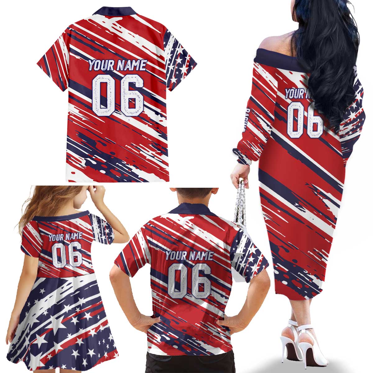 Personalized Patriotic Motocross Family Matching Off The Shoulder Long Sleeve Dress and Hawaiian Shirt with USA Flag Colors – Dirt Bike Racing Design - Wonder Print Shop