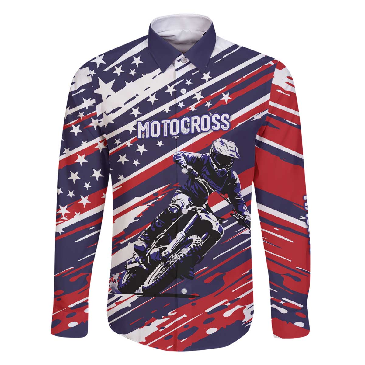Personalized Patriotic Motocross Family Matching Off The Shoulder Long Sleeve Dress and Hawaiian Shirt with USA Flag Colors – Dirt Bike Racing Design - Wonder Print Shop