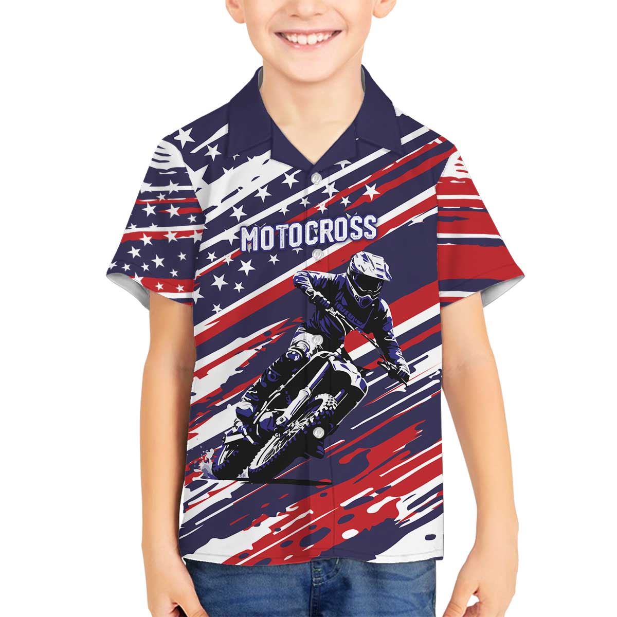 Personalized Patriotic Motocross Family Matching Off The Shoulder Long Sleeve Dress and Hawaiian Shirt with USA Flag Colors – Dirt Bike Racing Design - Wonder Print Shop