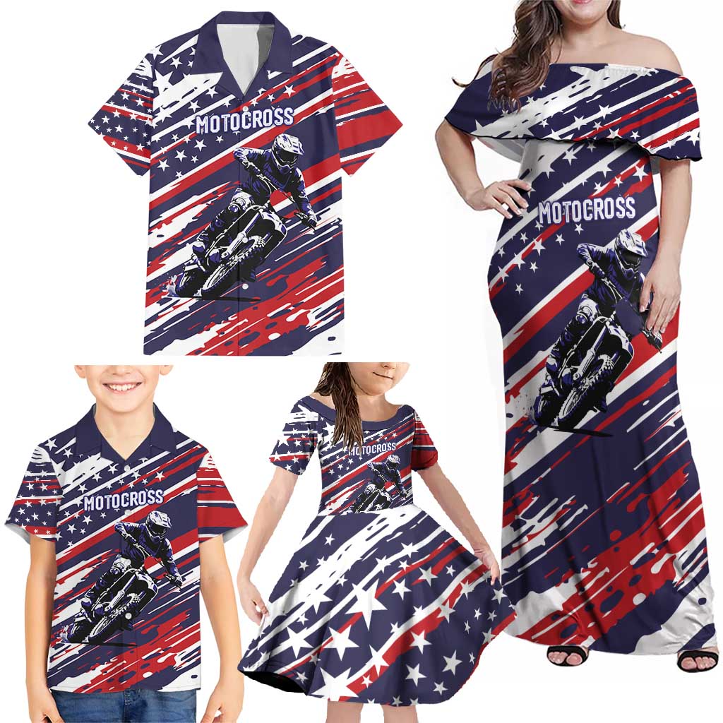 Personalized Patriotic Motocross Family Matching Off Shoulder Maxi Dress and Hawaiian Shirt with USA Flag Colors – Dirt Bike Racing Design - Wonder Print Shop