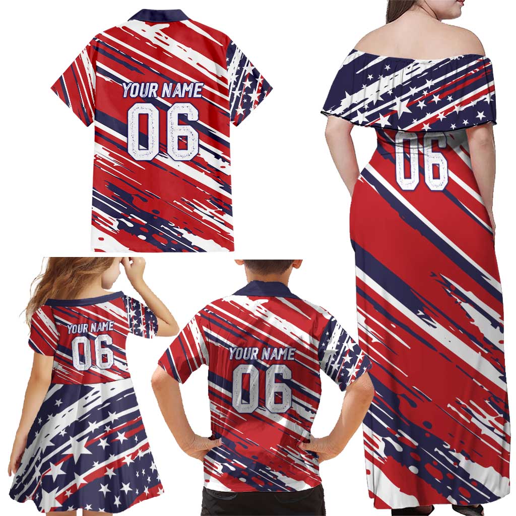 Personalized Patriotic Motocross Family Matching Off Shoulder Maxi Dress and Hawaiian Shirt with USA Flag Colors – Dirt Bike Racing Design - Wonder Print Shop