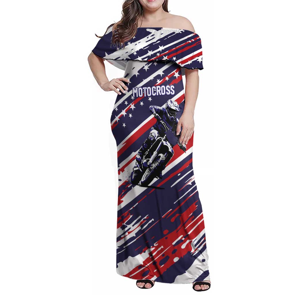Personalized Patriotic Motocross Family Matching Off Shoulder Maxi Dress and Hawaiian Shirt with USA Flag Colors – Dirt Bike Racing Design - Wonder Print Shop