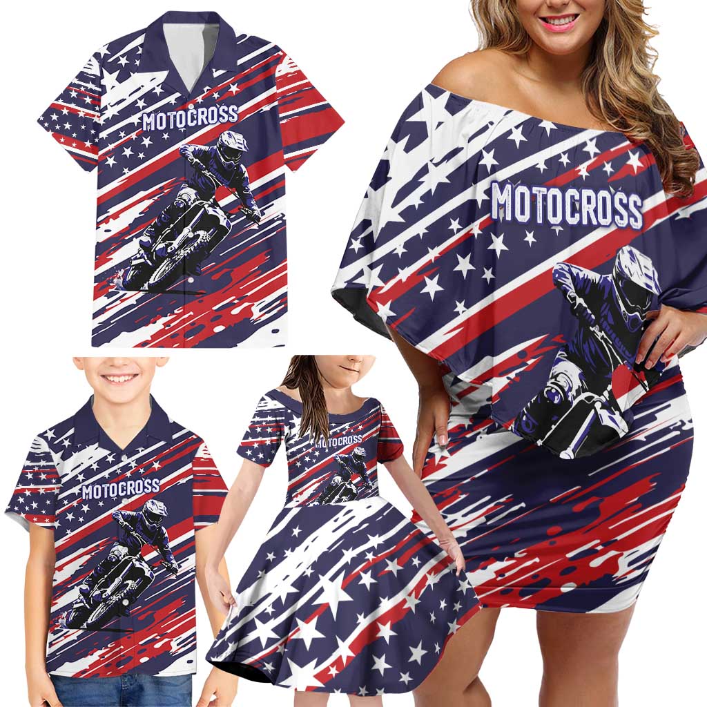 Personalized Patriotic Motocross Family Matching Off Shoulder Short Dress and Hawaiian Shirt with USA Flag Colors – Dirt Bike Racing Design - Wonder Print Shop