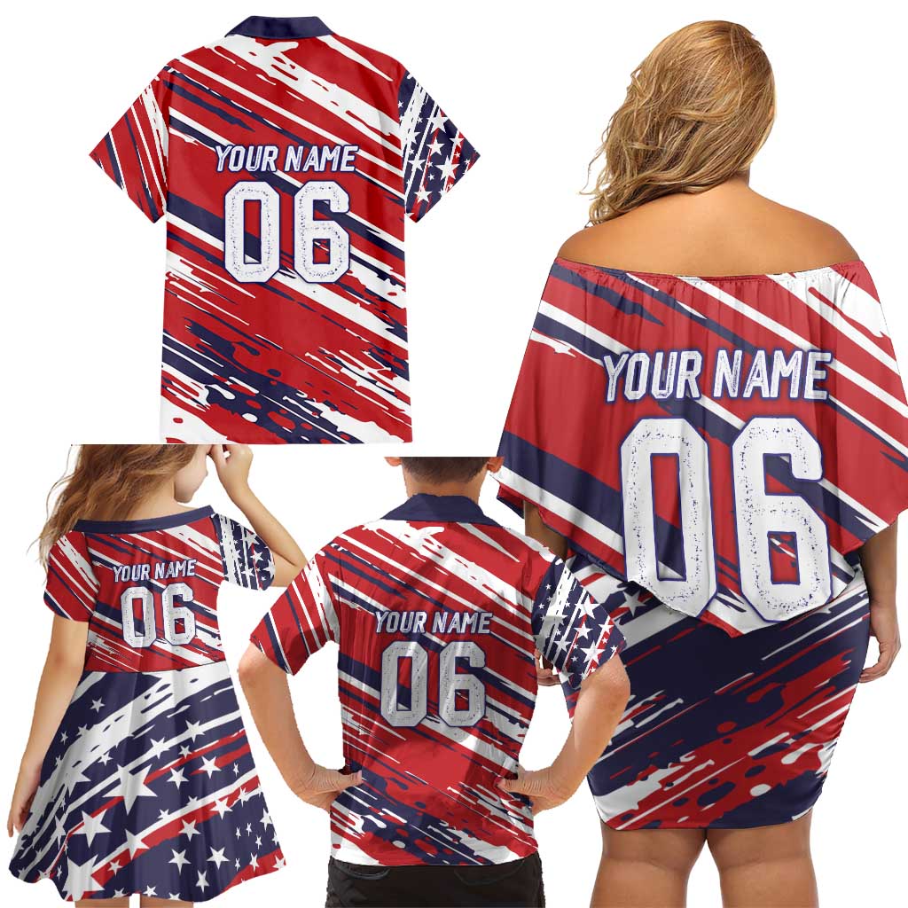 Personalized Patriotic Motocross Family Matching Off Shoulder Short Dress and Hawaiian Shirt with USA Flag Colors – Dirt Bike Racing Design - Wonder Print Shop