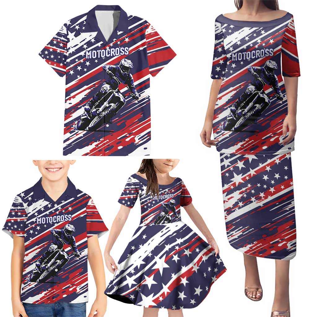 Personalized Patriotic Motocross Family Matching Puletasi and Hawaiian Shirt with USA Flag Colors – Dirt Bike Racing Design - Wonder Print Shop