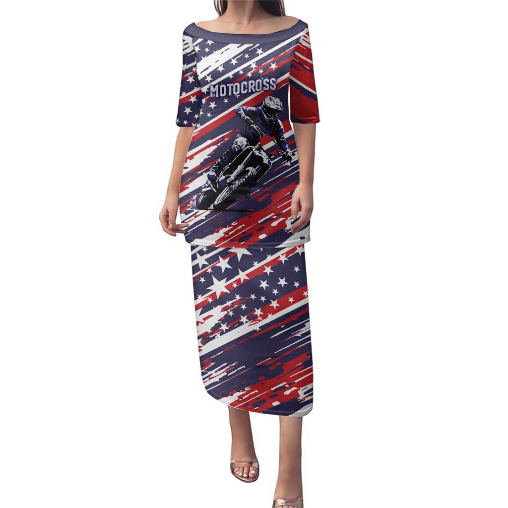Personalized Patriotic Motocross Family Matching Puletasi and Hawaiian Shirt with USA Flag Colors – Dirt Bike Racing Design - Wonder Print Shop