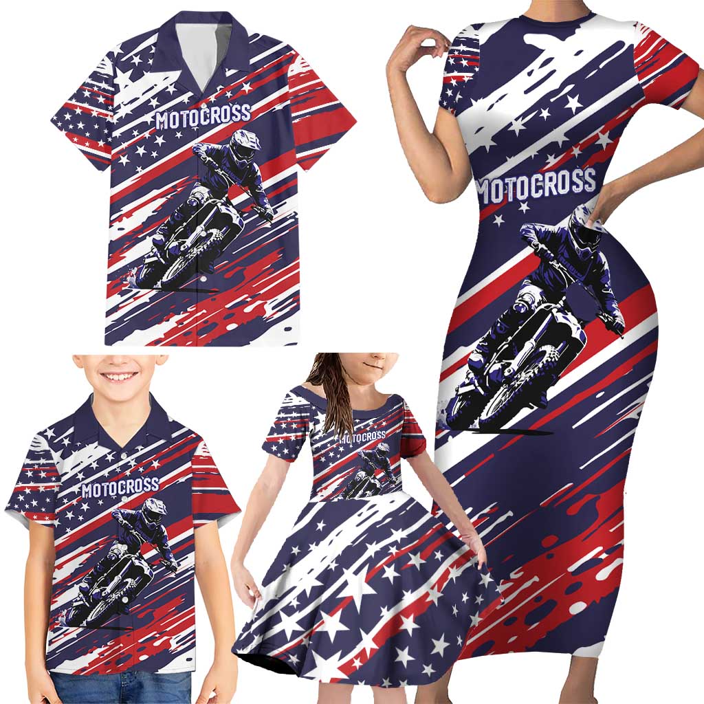 Personalized Patriotic Motocross Family Matching Short Sleeve Bodycon Dress and Hawaiian Shirt with USA Flag Colors – Dirt Bike Racing Design - Wonder Print Shop