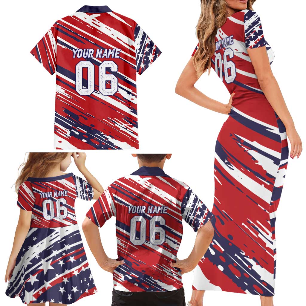 Personalized Patriotic Motocross Family Matching Short Sleeve Bodycon Dress and Hawaiian Shirt with USA Flag Colors – Dirt Bike Racing Design - Wonder Print Shop
