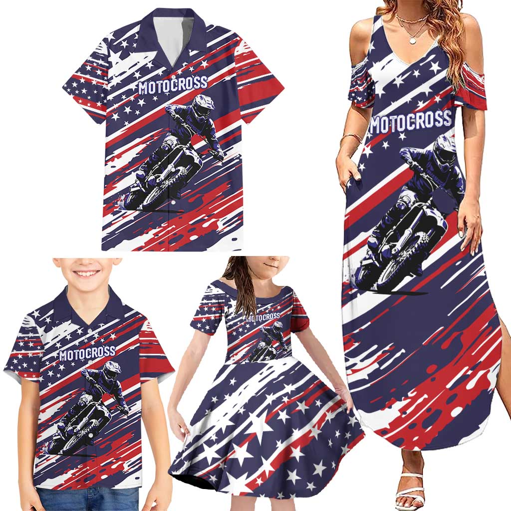 Personalized Patriotic Motocross Family Matching Summer Maxi Dress and Hawaiian Shirt with USA Flag Colors – Dirt Bike Racing Design - Wonder Print Shop