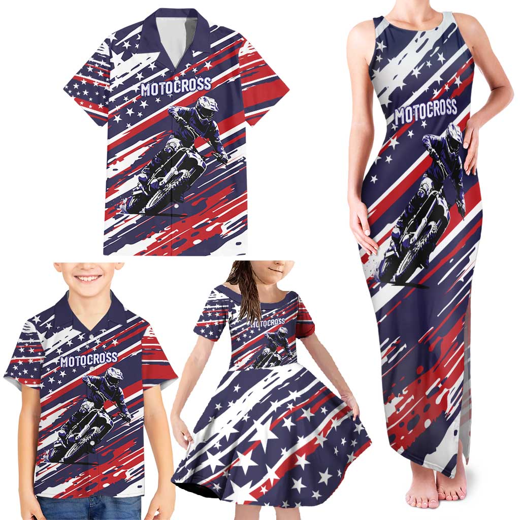 Personalized Patriotic Motocross Family Matching Tank Maxi Dress and Hawaiian Shirt with USA Flag Colors – Dirt Bike Racing Design - Wonder Print Shop