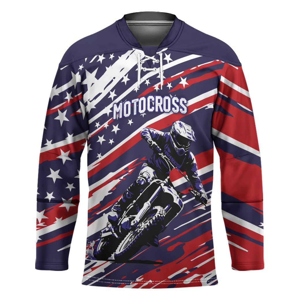 Personalized Patriotic Motocross Hockey Jersey with USA Flag Colors – Dirt Bike Racing Design - Wonder Print Shop