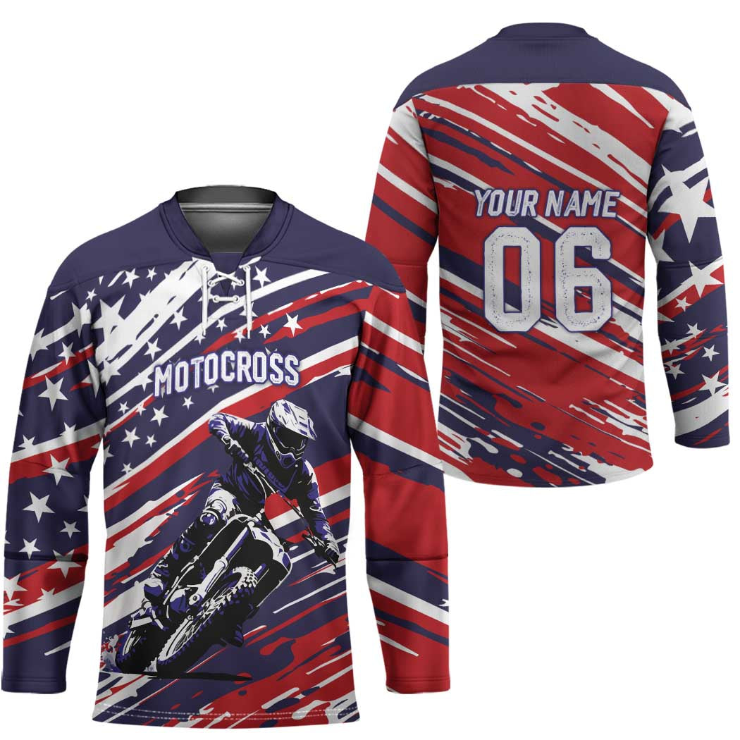 Personalized Patriotic Motocross Hockey Jersey with USA Flag Colors – Dirt Bike Racing Design - Wonder Print Shop