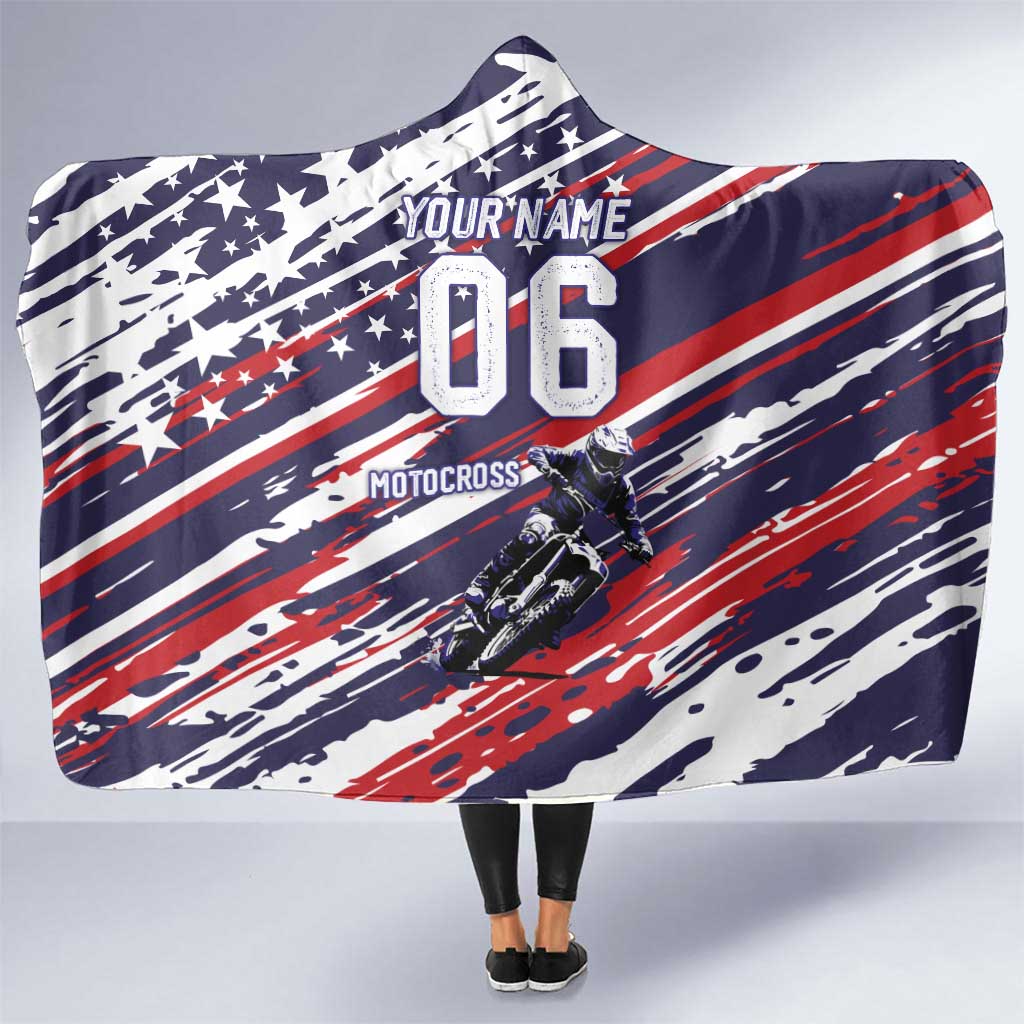 Personalized Patriotic Motocross Hooded Blanket with USA Flag Colors – Dirt Bike Racing Design - Wonder Print Shop