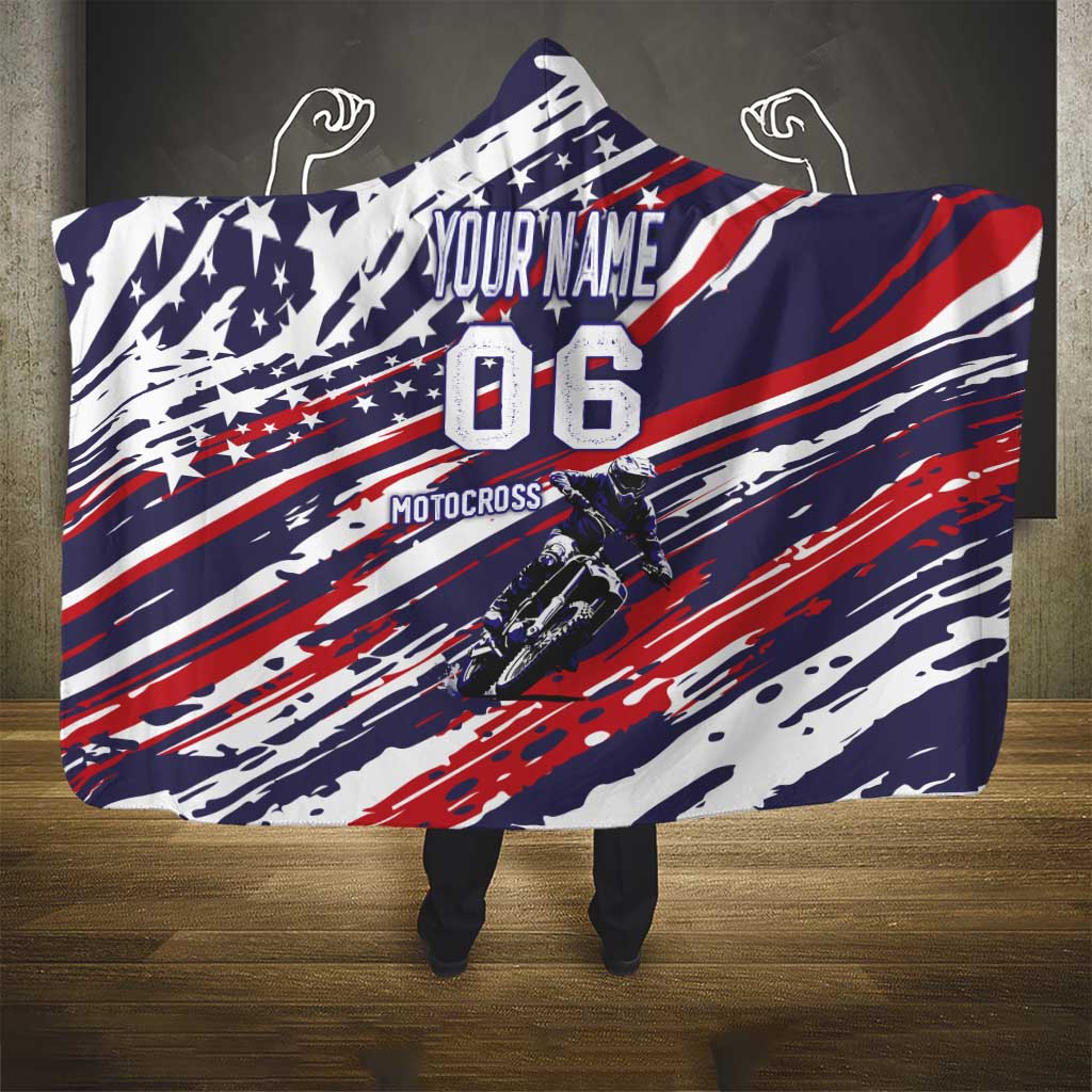 Personalized Patriotic Motocross Hooded Blanket with USA Flag Colors – Dirt Bike Racing Design - Wonder Print Shop