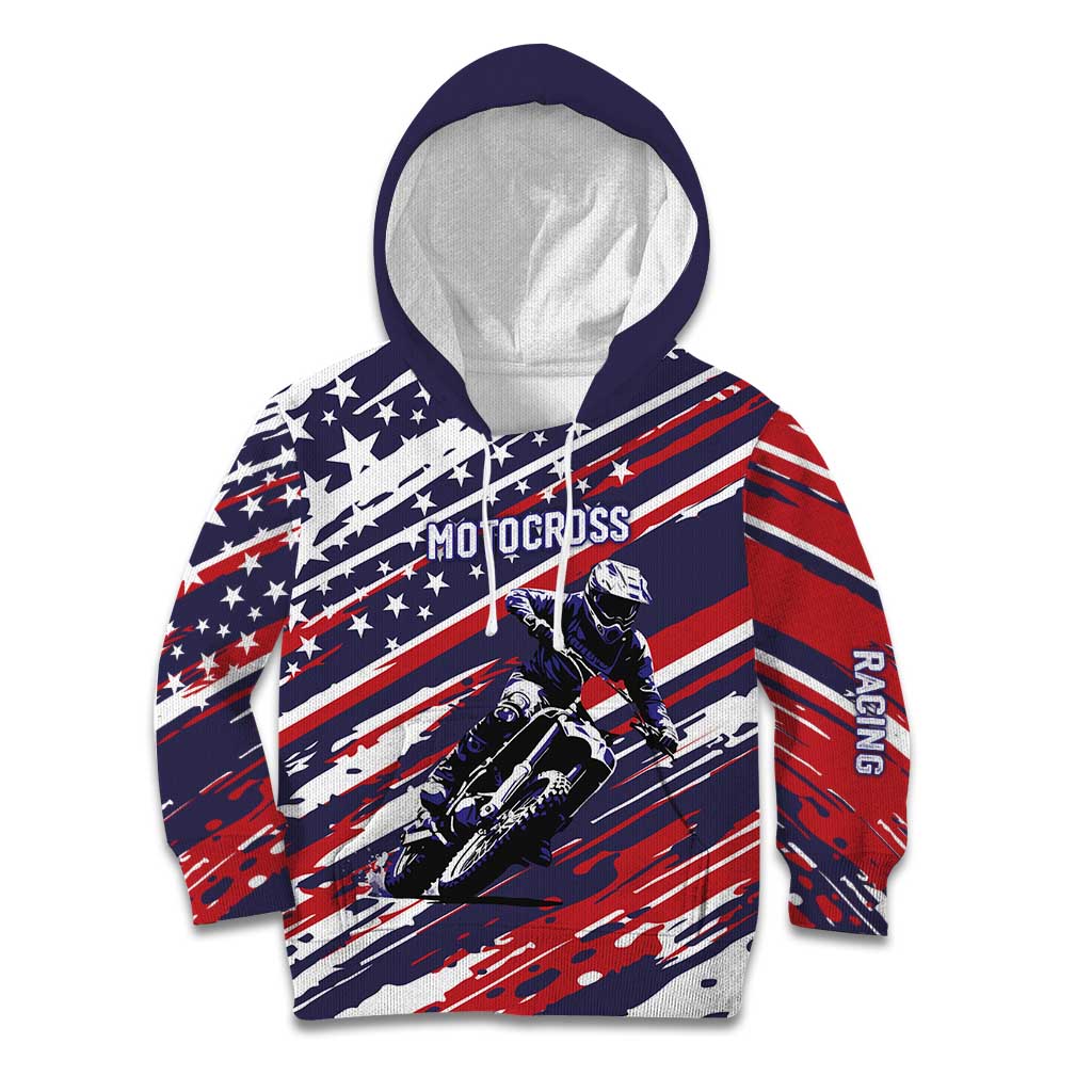 Personalized Patriotic Motocross Kid Hoodie with USA Flag Colors – Dirt Bike Racing Design - Wonder Print Shop