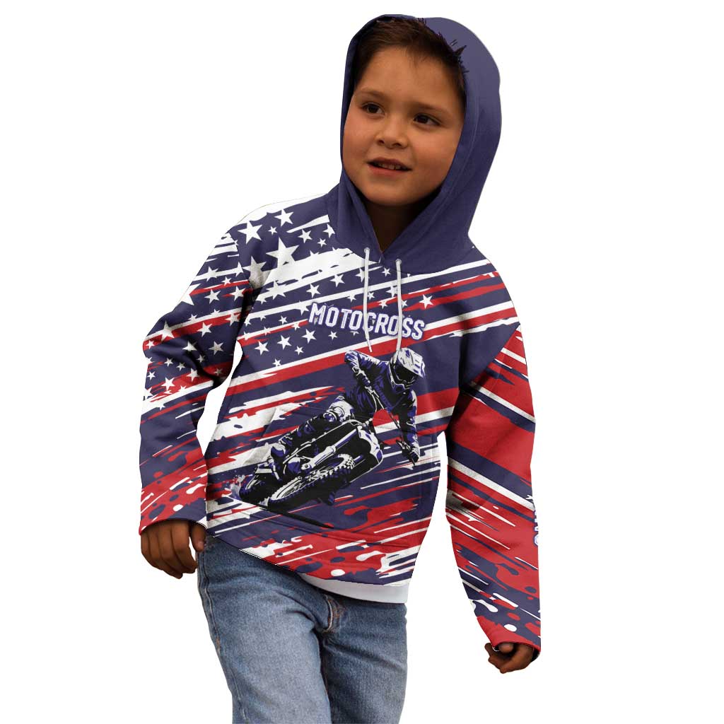 Personalized Patriotic Motocross Kid Hoodie with USA Flag Colors – Dirt Bike Racing Design - Wonder Print Shop