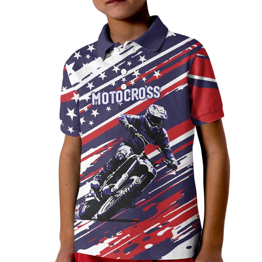 Personalized Patriotic Motocross Kid Polo Shirt with USA Flag Colors – Dirt Bike Racing Design - Wonder Print Shop