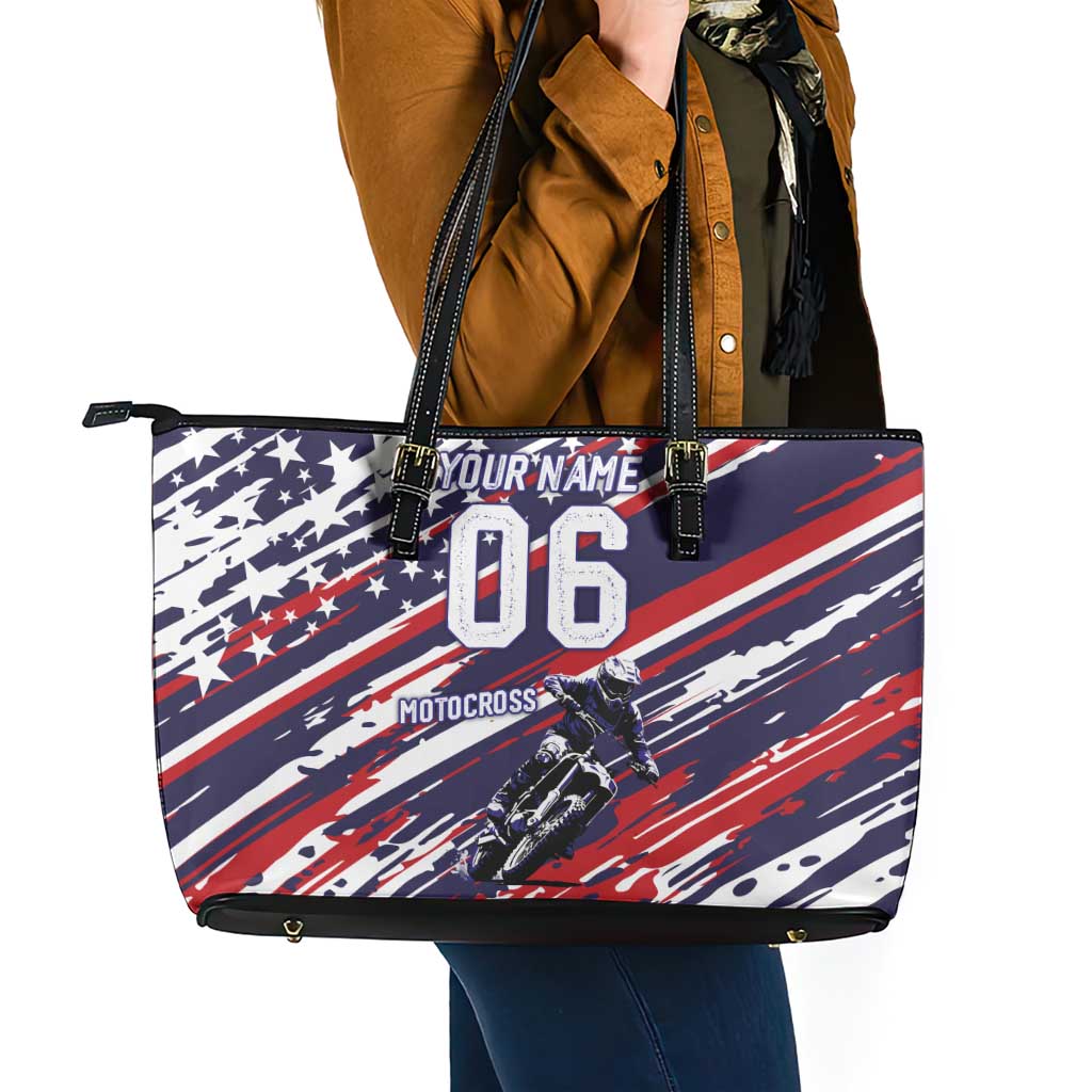 Personalized Patriotic Motocross Leather Tote Bag with USA Flag Colors – Dirt Bike Racing Design - Wonder Print Shop