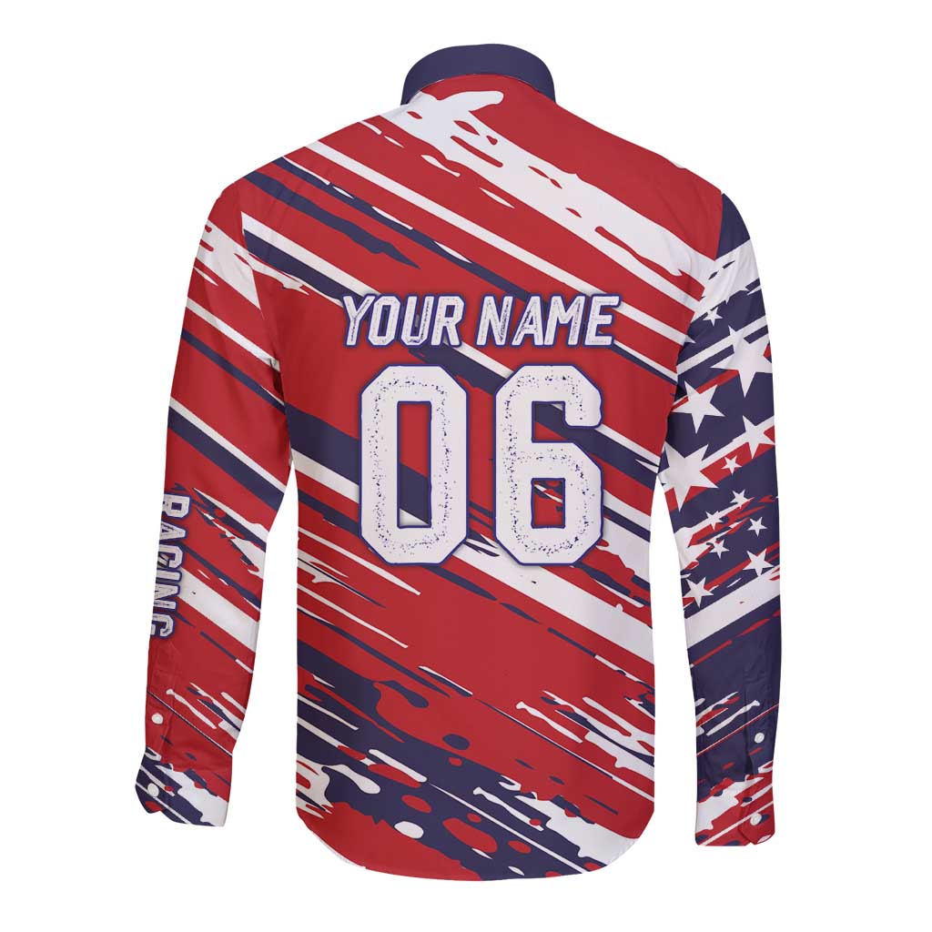 Personalized Patriotic Motocross Long Sleeve Button Shirt with USA Flag Colors – Dirt Bike Racing Design - Wonder Print Shop