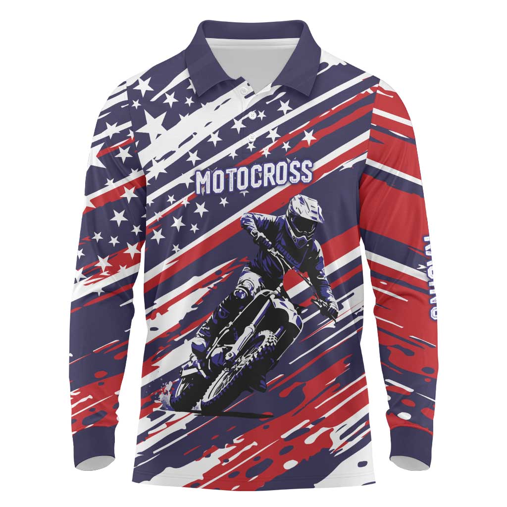 Personalized Patriotic Motocross Long Sleeve Polo Shirt with USA Flag Colors – Dirt Bike Racing Design - Wonder Print Shop