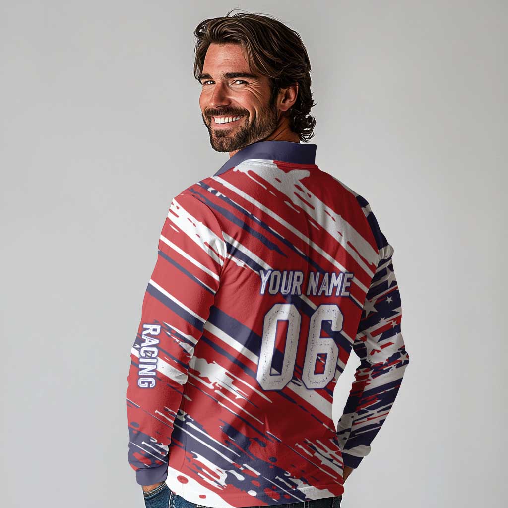 Personalized Patriotic Motocross Long Sleeve Polo Shirt with USA Flag Colors – Dirt Bike Racing Design - Wonder Print Shop