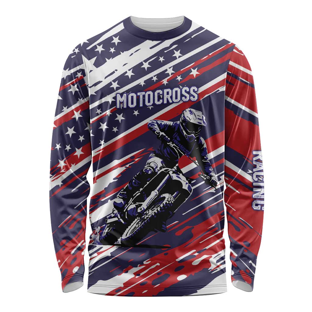 Personalized Patriotic Motocross Long Sleeve Shirt with USA Flag Colors – Dirt Bike Racing Design - Wonder Print Shop