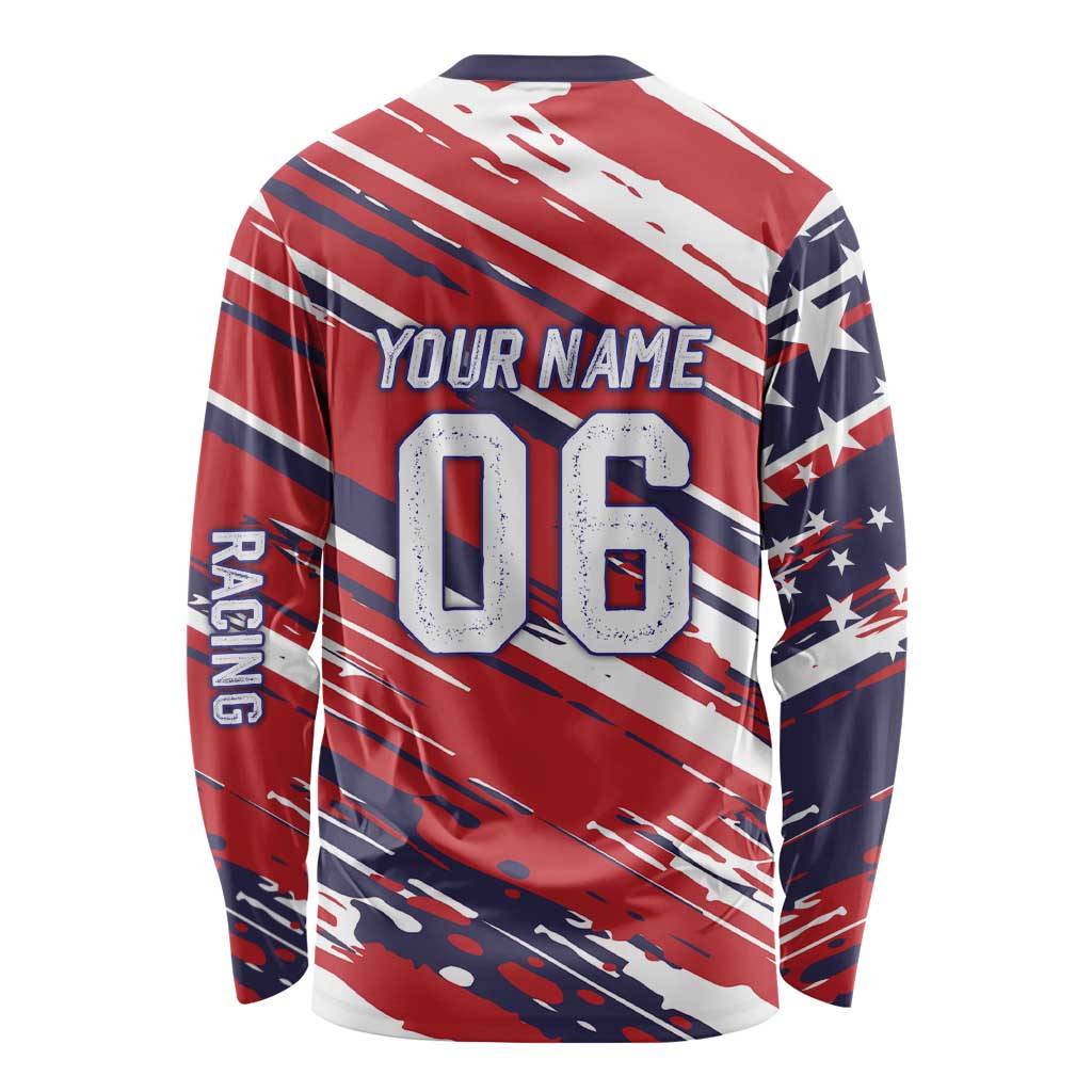 Personalized Patriotic Motocross Long Sleeve Shirt with USA Flag Colors – Dirt Bike Racing Design - Wonder Print Shop