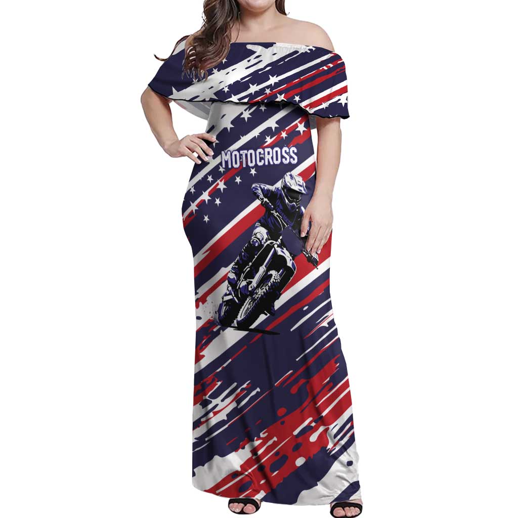 Personalized Patriotic Motocross Off Shoulder Maxi Dress with USA Flag Colors – Dirt Bike Racing Design - Wonder Print Shop