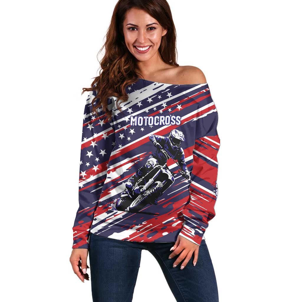 Personalized Patriotic Motocross Off Shoulder Sweater with USA Flag Colors – Dirt Bike Racing Design - Wonder Print Shop