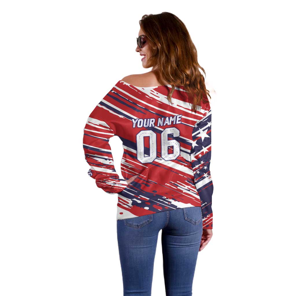 Personalized Patriotic Motocross Off Shoulder Sweater with USA Flag Colors – Dirt Bike Racing Design - Wonder Print Shop