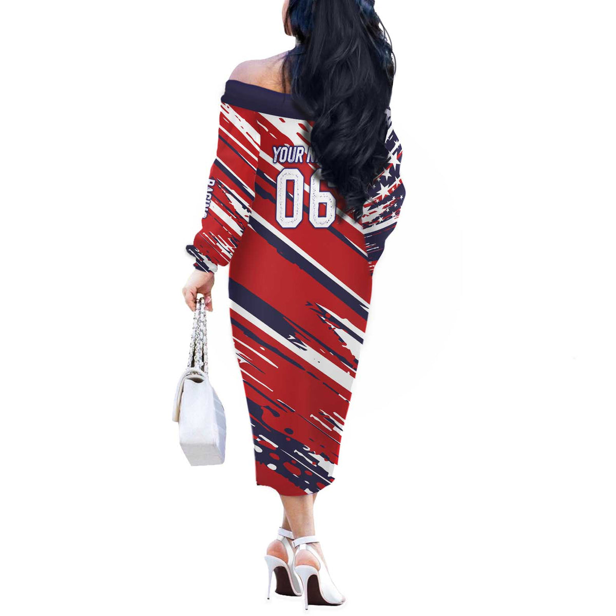 Personalized Patriotic Motocross Off The Shoulder Long Sleeve Dress with USA Flag Colors – Dirt Bike Racing Design - Wonder Print Shop