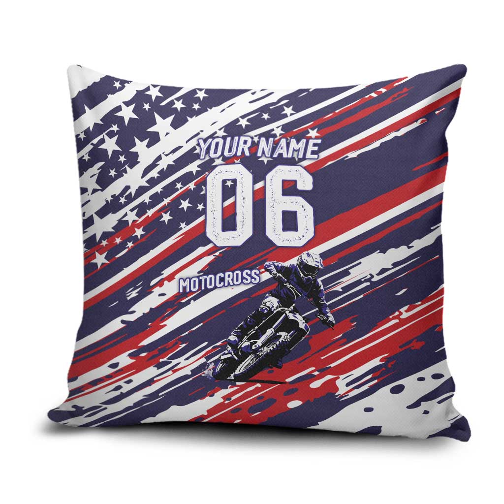 Personalized Patriotic Motocross Pillow Cover with USA Flag Colors – Dirt Bike Racing Design - Wonder Print Shop