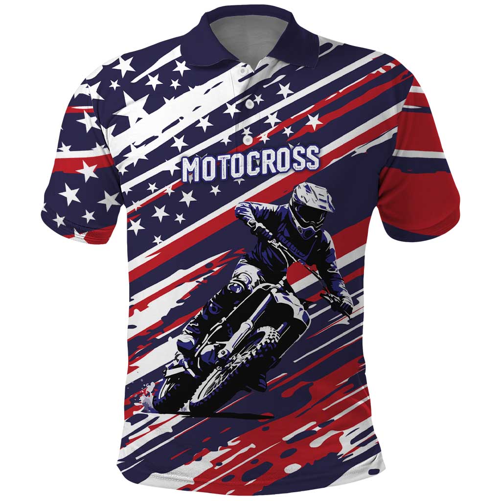 Personalized Patriotic Motocross Polo Shirt with USA Flag Colors – Dirt Bike Racing Design - Wonder Print Shop