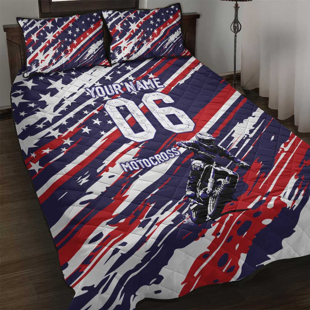 Personalized Patriotic Motocross Quilt Bed Set with USA Flag Colors – Dirt Bike Racing Design - Wonder Print Shop
