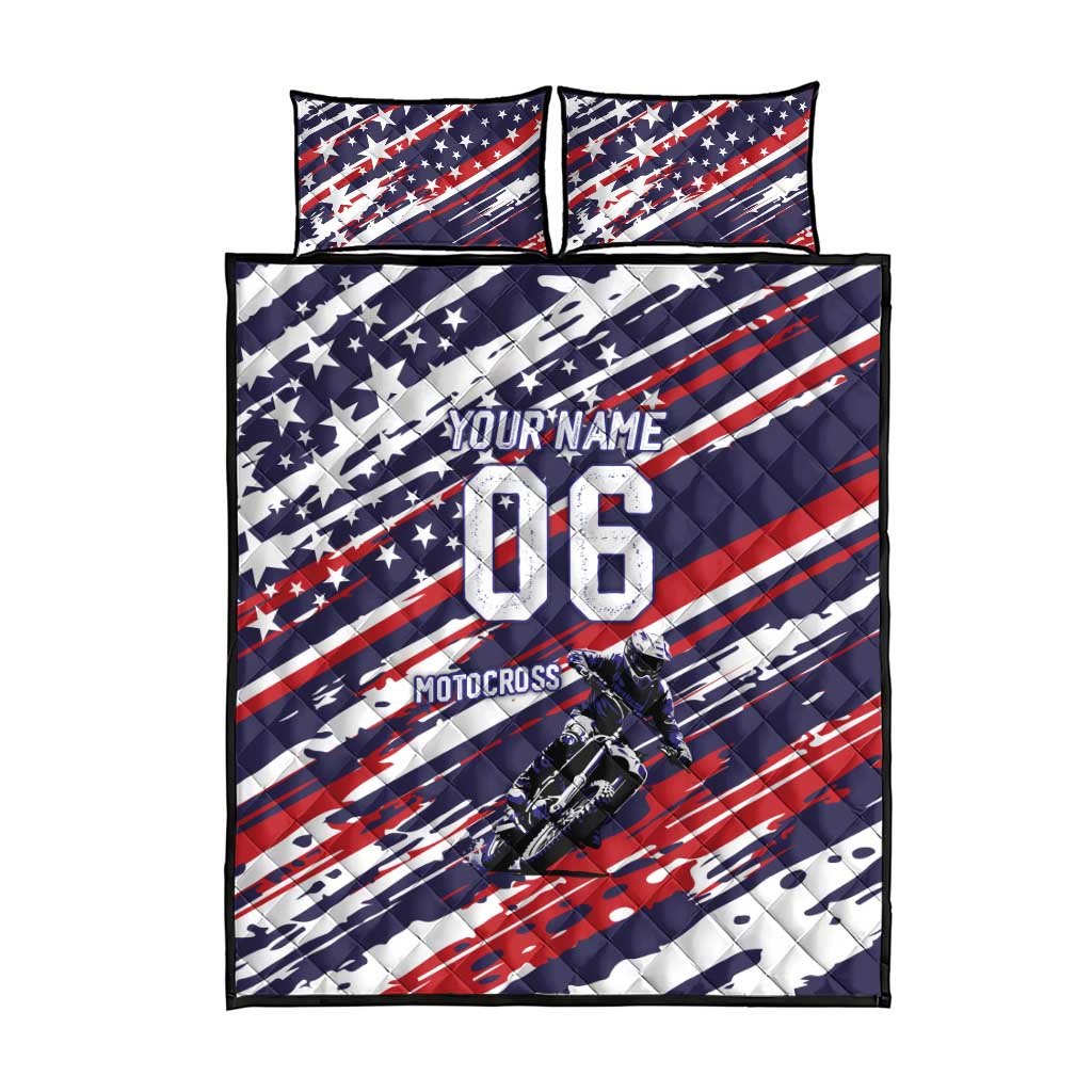 Personalized Patriotic Motocross Quilt Bed Set with USA Flag Colors – Dirt Bike Racing Design - Wonder Print Shop