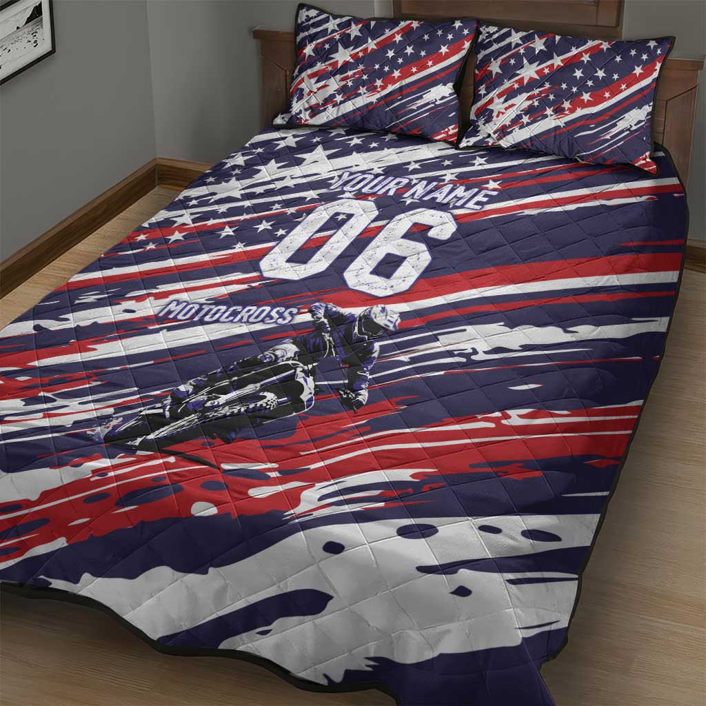 Personalized Patriotic Motocross Quilt Bed Set with USA Flag Colors – Dirt Bike Racing Design - Wonder Print Shop