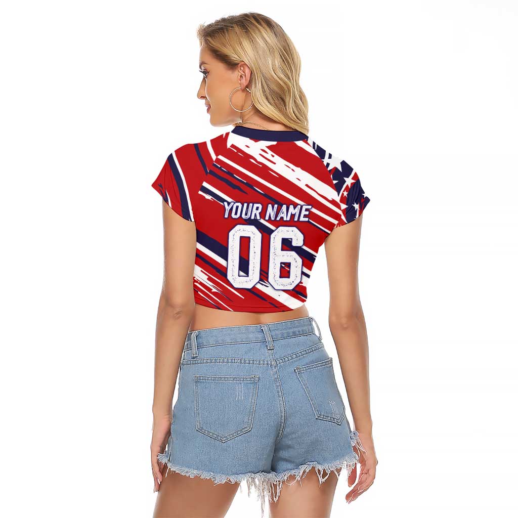 Personalized Patriotic Motocross Raglan Cropped T Shirt with USA Flag Colors – Dirt Bike Racing Design - Wonder Print Shop