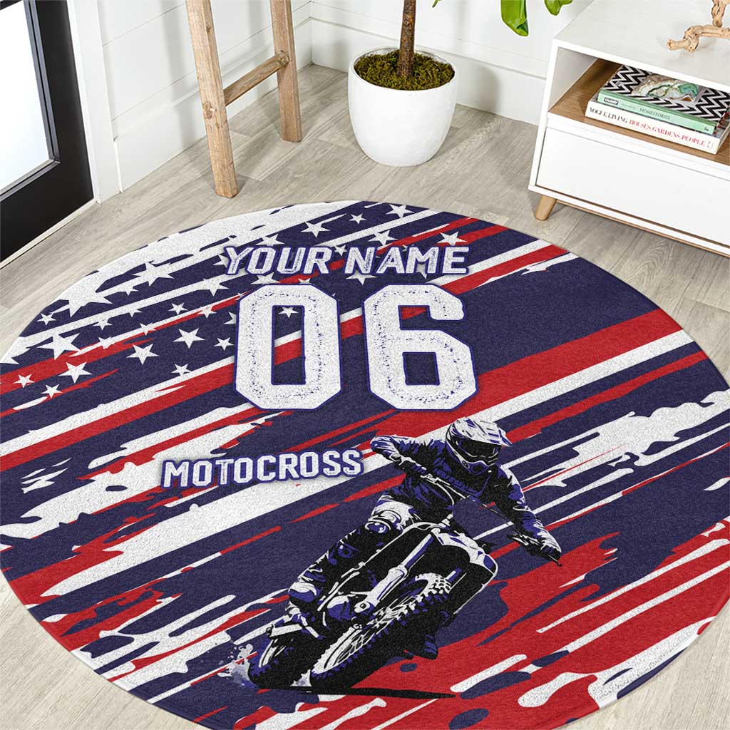Personalized Patriotic Motocross Round Carpet with USA Flag Colors – Dirt Bike Racing Design - Wonder Print Shop
