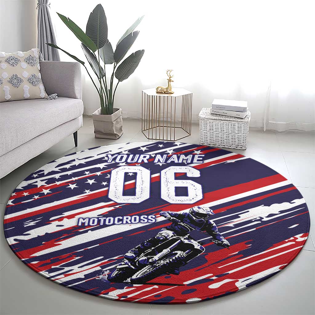 Personalized Patriotic Motocross Round Carpet with USA Flag Colors – Dirt Bike Racing Design - Wonder Print Shop