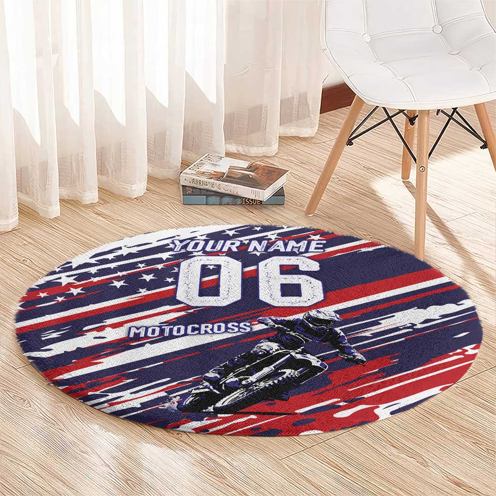 Personalized Patriotic Motocross Round Carpet with USA Flag Colors – Dirt Bike Racing Design - Wonder Print Shop