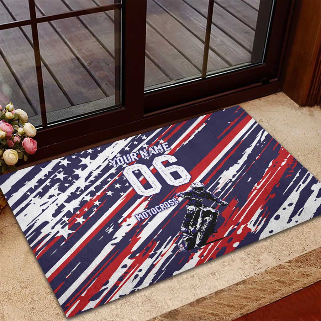 Personalized Patriotic Motocross Rubber Doormat with USA Flag Colors – Dirt Bike Racing Design - Wonder Print Shop